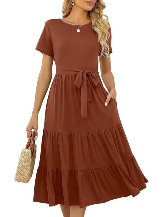 Dresses & Skirts - Women's Red Brown Tiered Short Sleeve Belted Pocket Ruffle Midi Maxi Dress